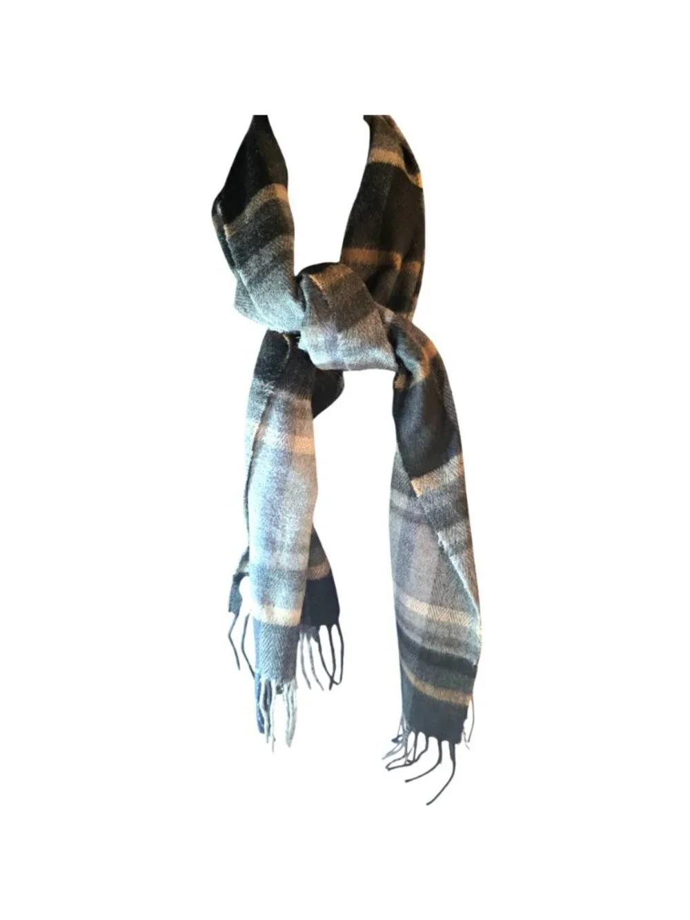 Plaid Fringe Scarf Gray Tan Soft Acrylic Made In Germany Fall Winter Academia